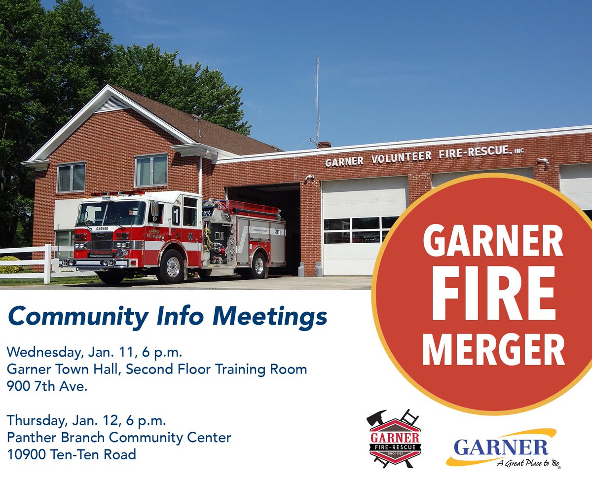 Town of Garner, NC (@townofgarner) on Twitter photo There are two upcoming community informational meetings on Jan. 11 and 12 about a possible merger between the <a href="/TownofGarner/">Town of Garner, NC</a> and <a href="/GarnerFire/">Garner Fire-Rescue</a>. You can learn more about what this merger might entail--and offer feedback--by attending one of these sessions. <a href="/WakeGOV/">Wake County Government</a> <a href="/GarnerPolice/">Garner Police</a> There are two upcoming community informational meetings on Jan. 11 and 12 about a possible merger between the <a href="/TownofGarner/">Town of Garner, NC</a> and <a href="/GarnerFire/">Garner Fire-Rescue</a>. You can learn more about what this merger might entail--and offer feedback--by attending one of these sessions. <a href="/WakeGOV/">Wake County Government</a> <a href="/GarnerPolice/">Garner Police</a>