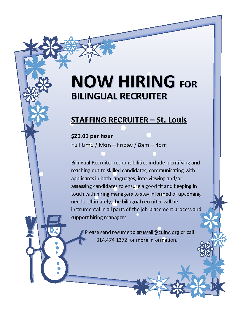 AOS Staffing is currently recruiting for a full-time Bilingual Recruiter at their agency! 

Please see the attached job posting for benefits and pay!
Interested applicants may email their resume directly to arussell@cuinc.org

 #recruitingjobs #workforcedevelopment