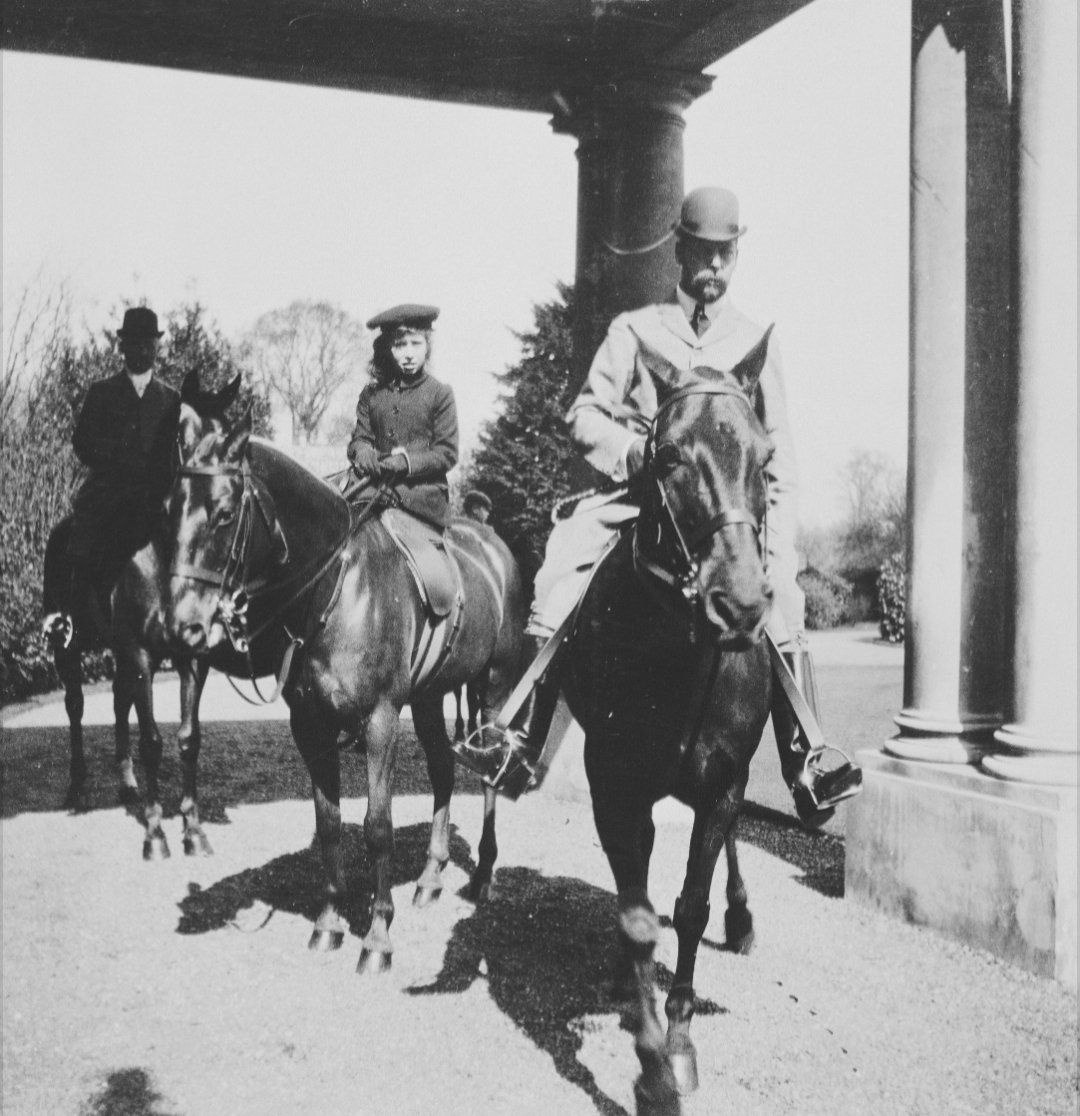 ejaleigh's tweet photo. April 1907. A photograph from The Royal Collection showing King George V when the Prince of Wales and Princess Mary both riding horses at Frogmore House, Windsor Home Park. https://t.co/NuYyS6YpaY