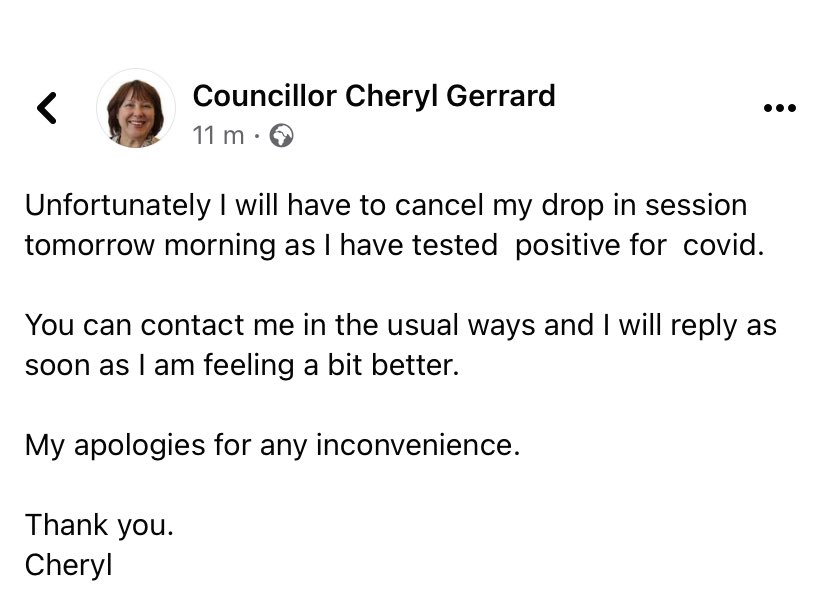 Tomorrow morning’s drop in with Councillor Cheryl Gerrard <a href="/cheryl_gerrard/">Cheryl Gerrard</a> is cancelled.