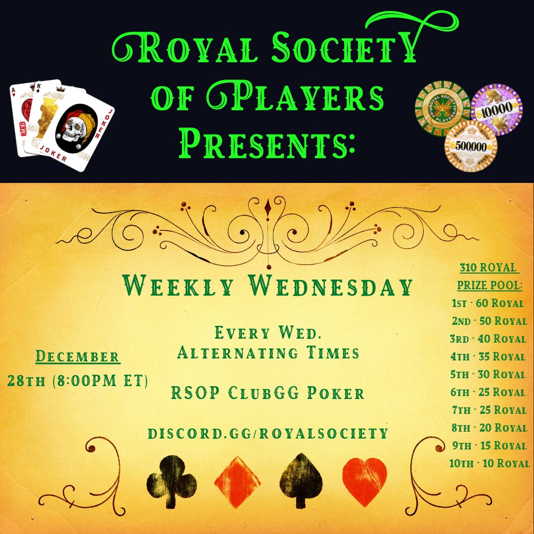 RoyalSocietyOP's tweet photo. 🏆Weekly Wednesday Poker🏆
Tonight at 8pm EST. 🎉
Tonight's Legendary #RSOP Weekly Wednesday gated poker tournament is the last event in our December #RoyalRumble #CompetitiveStaking
The toughest poker tables in web3.
#RSOPSharks #Poker #NFTs
Play Games, Earn $ROYAL 🏆 https://t.co/VSS2YLZzXV