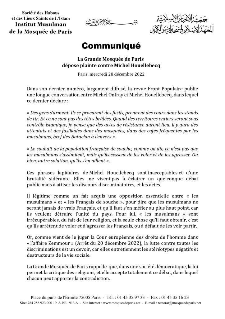 edwyplenel's tweet photo. La ⁦@mosqueedeparis⁩ porte plainte contre Michel Houellebecq pour provocation à la haine contre les musulmans de France après ses propos incitant à la violence islamophobe dans la revue ⁦@FrontPopOff⁩ https://t.co/eWV3hbvA15