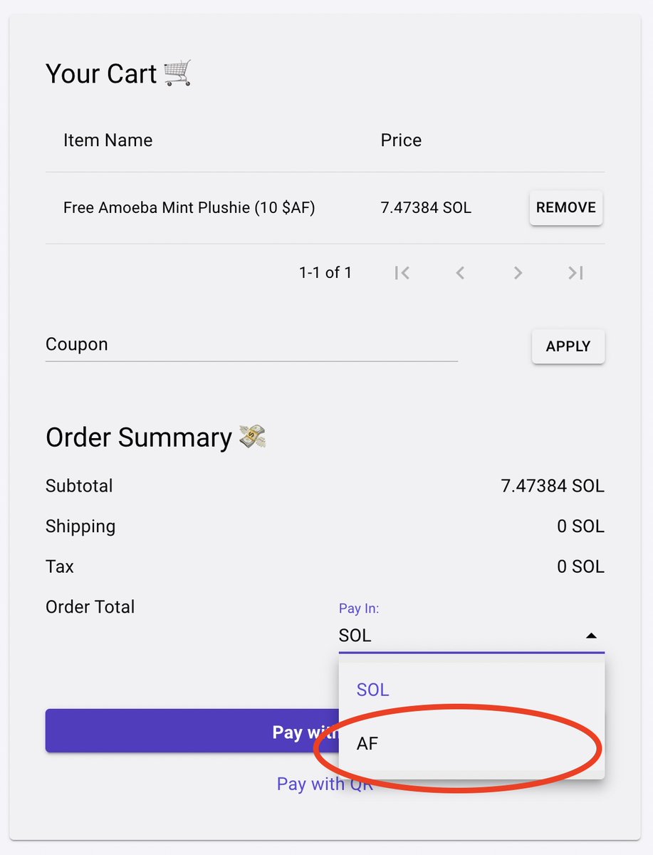 AmoebaFriends's tweet photo. Make sure to use the wallet that MINTED your 
@AmoebaFriends
 is used for checkout! 

There will be a $SOL price - PLEASE IGNORE. Once you've added the item to your shopping cart there is an option to pay in $AF

Then... https://t.co/BCZgjHU2KN