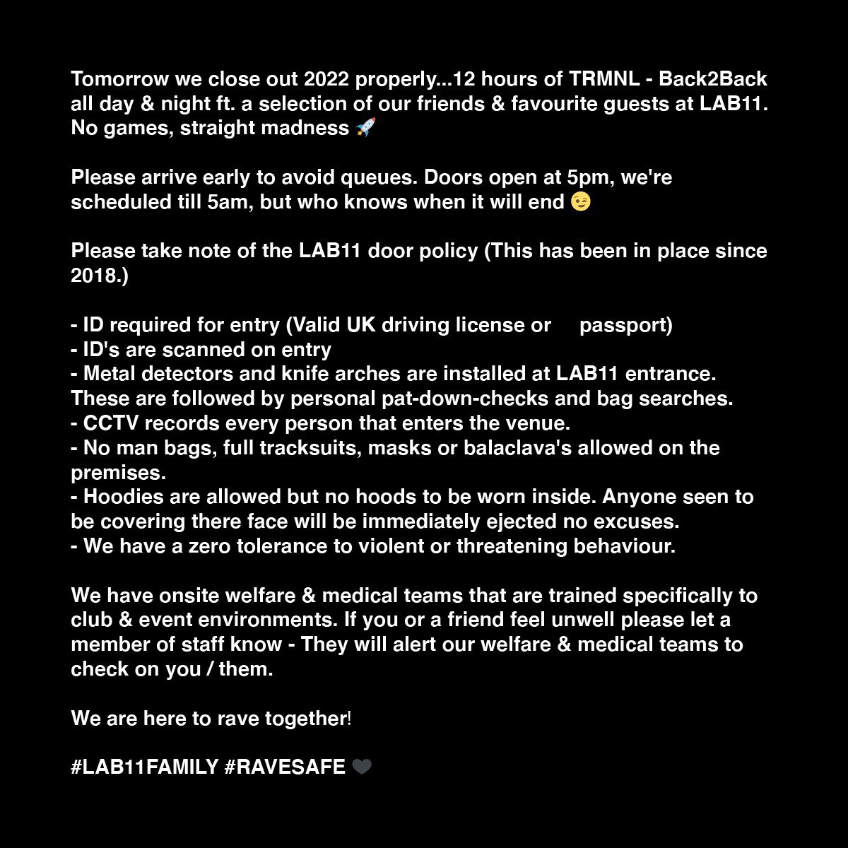 thisisTRMNL's tweet photo. Set times &amp; key info ahead of our 2022 closing party tomorrow.

#thisisTRMNL #RAVESAFE https://t.co/251QPscLTa