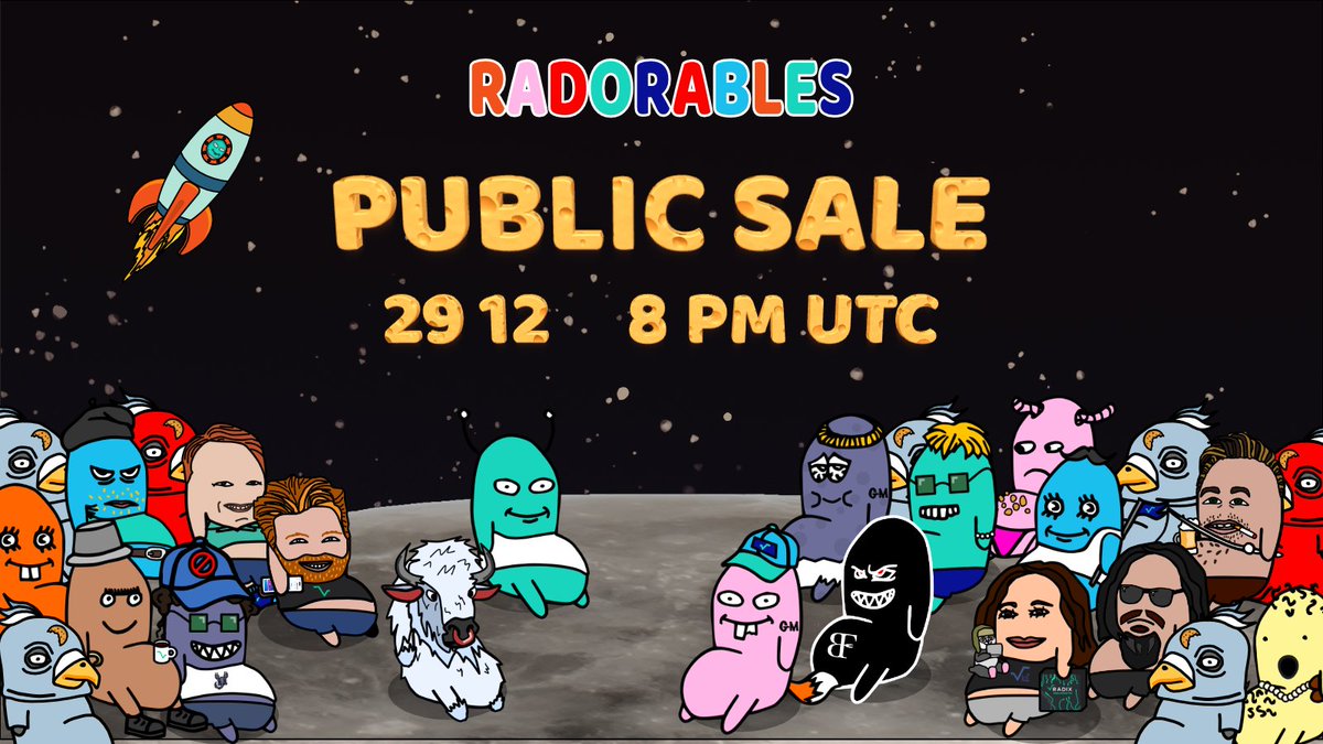 🚨PUBLIC SALE GIVEAWAY🚨

The WL sale was🔥~1,700 reserved + some super rare picks so far🚀

Just before tomorrow’s public sale we give away: 
➡️ 1x 1,000 $XRD
➡️ 10x 1,000 $CRUMBS

To win:
☑️ RT &amp; Tag 3 friends
☑️ Join: t.me/RadorablesNFT

⏰LAUNCH Dec 29, 8pm UTC