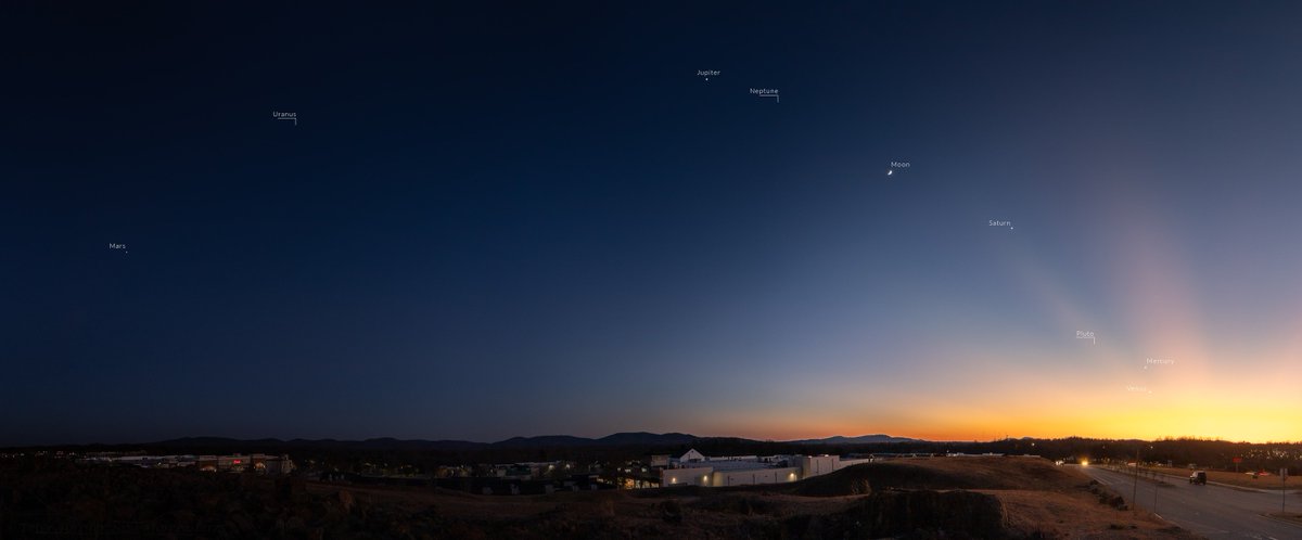 Every planet in the Solar System is in the evening sky right now. A rare viewing opportunity! 

My shot from last evening in Charlottesville - I labeled all the naked-eye visible planets, and marked where the other are located (visible with telescopes).