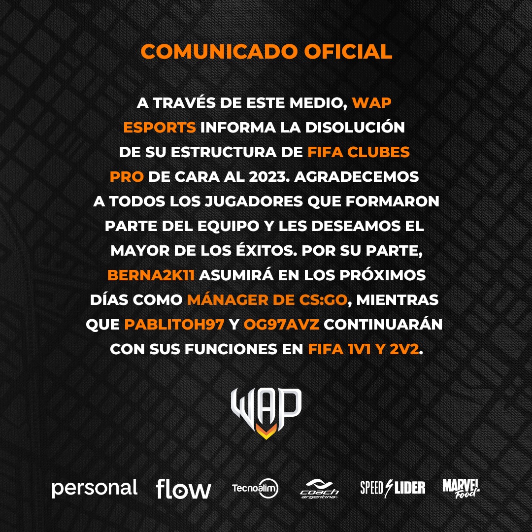 Disolución de nuestra estructura de FIFA #ClubesPro

Agradecemos a todos los que han formando parte. Así mismo, de cara a 2023 <a href="/berna2k11/">Berna2k11</a> se desarrollará como manager del nuevo team de CS GO; mientras que <a href="/Pablitoh_97/">Pablitoh97</a> y <a href="/OG97avz/">EzeOjeda97</a> continuarán con sus funciones en 1v1 y 2v2.