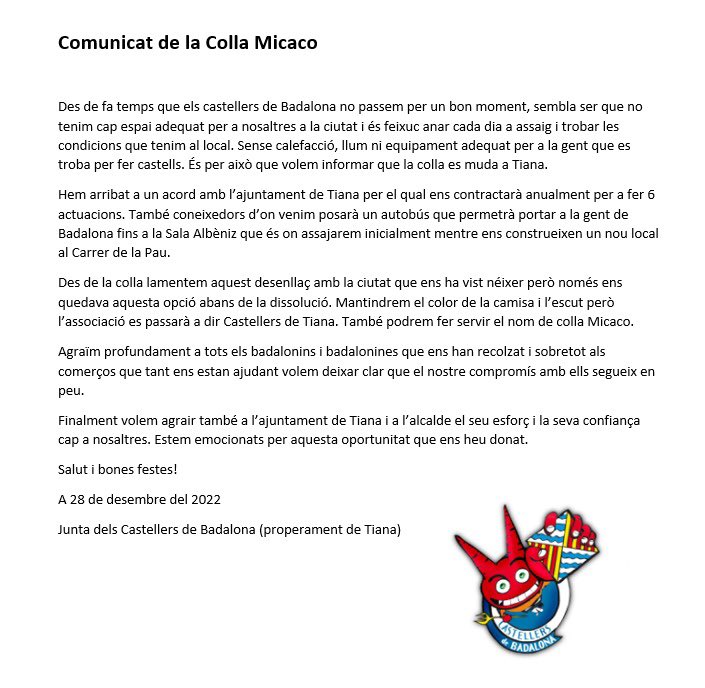 collamicaco's tweet photo. 🚨🚨COMUNICAT OFICIAL 🚨🚨

Gràcies @isalvatierra i @Aj_Tiana per fer-ho possible

#castells #castellers https://t.co/qNHLzIFb98