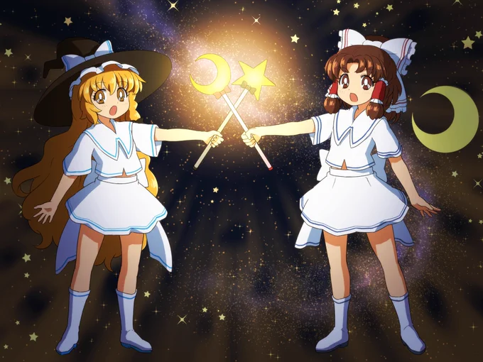 先日行われた伝言ゲームで神主が描いた「セーラーマリサ&セーラーレイム」可愛い。※神主が思い描いてた配色はツールの色数や制限時間で実際はこうではないかもしれませんが、そのままの白を基調で表現してみました。 