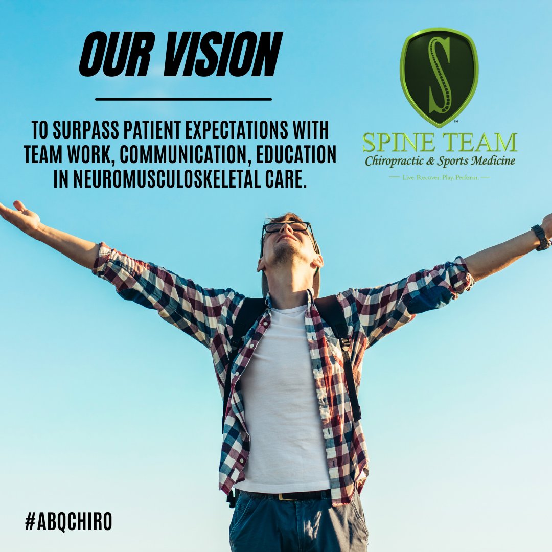 STCSportMed's tweet photo. Our Vision 👀
To surpass patient expectations with team work, communication, education in neuromusculoskeletal care. Call us: 505-508-2369

#SpineTeamChiro #adjustment #chiropractor #abq #abqchiro #health https://t.co/4ob780lAeh