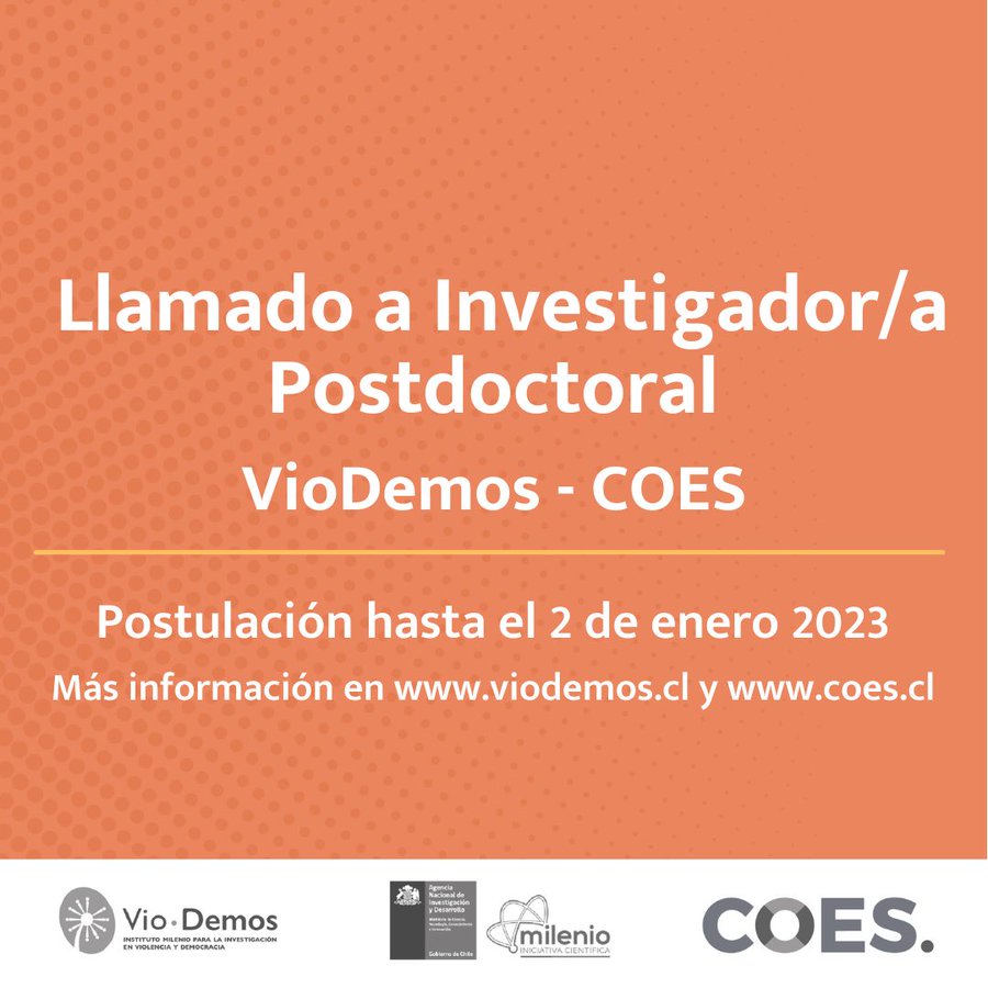 📣 ¡Aún queda tiempo! Les recordamos que hasta este 2 de enero a las 17 hrs (hora chilena) pueden postular del llamado para una posición postdoctoral e investigar sobre radicalización y prácticas y/o justificación de la #violencia en Chile

+ info: coes.cl/2022/12/02/coe…