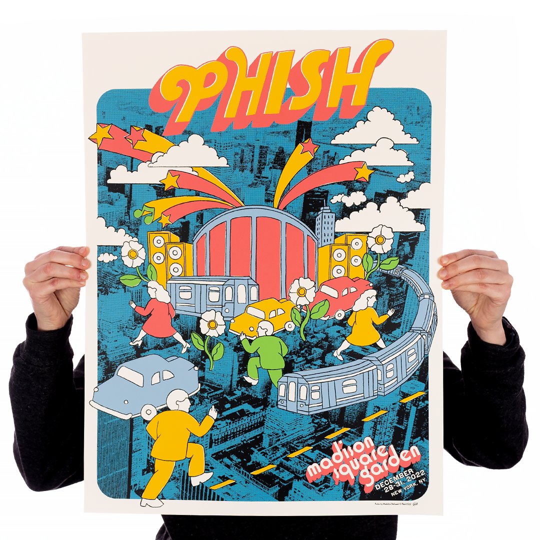 phishdrygoods's tweet photo. Here's our first LE poster for Phish's New Year's Run by Madalyn Stefanak. 18x24 6-color screenprint with an edition of 1,200. Posters go on sale at 2PM ET today (see earlier tweet). https://t.co/jdXLaWH8K3