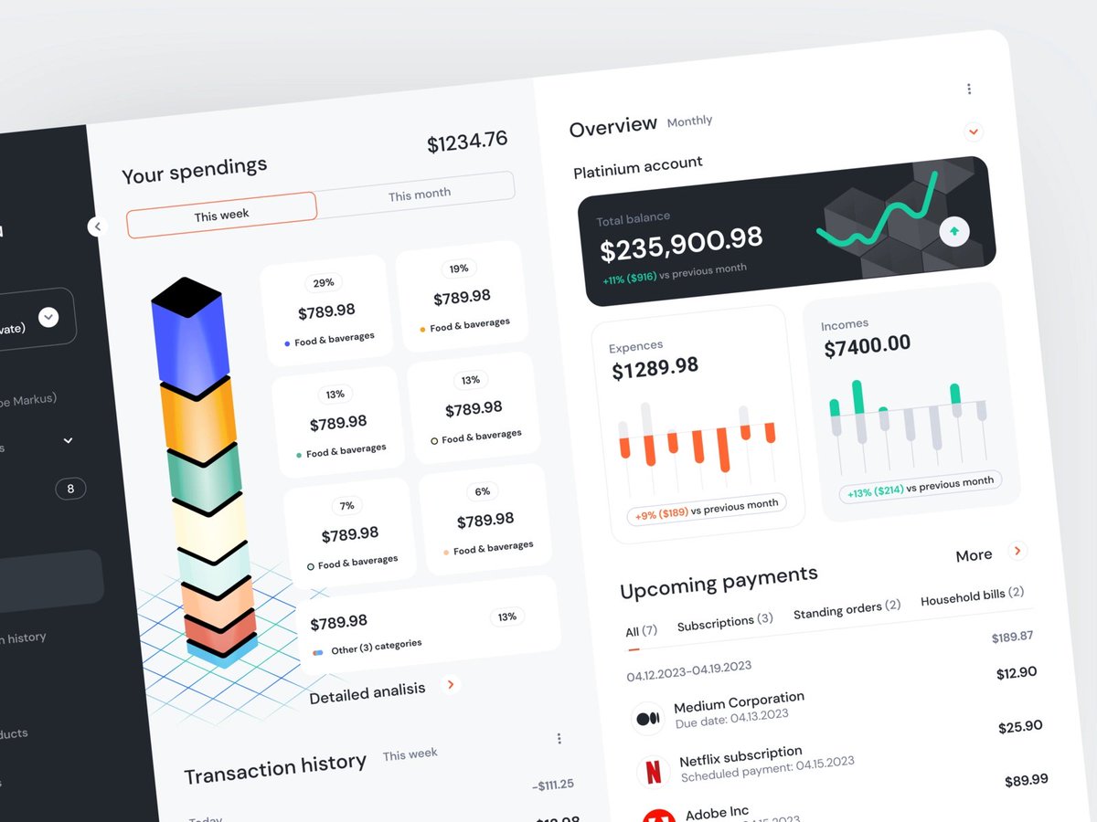 Fireart_studio's tweet photo. Meet a concept of a banking dashboard that our team prepared. It allows us to take a quick overview of our financial condition and track our transactions.
#UXOS #UI #Banking #finapp #DesignThinking https://t.co/P3YdFYFifa