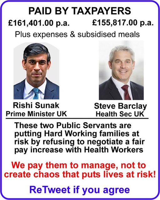 Britain_People's tweet photo. RETWEET if you think Rishi Sunak and Steve Barclay should negotiate a fair pay increase with Health Workers.
We pay Tories to at least try and manage the economy - not tank it, create chaos and put lives at risk. https://t.co/W4RzMme6ZN