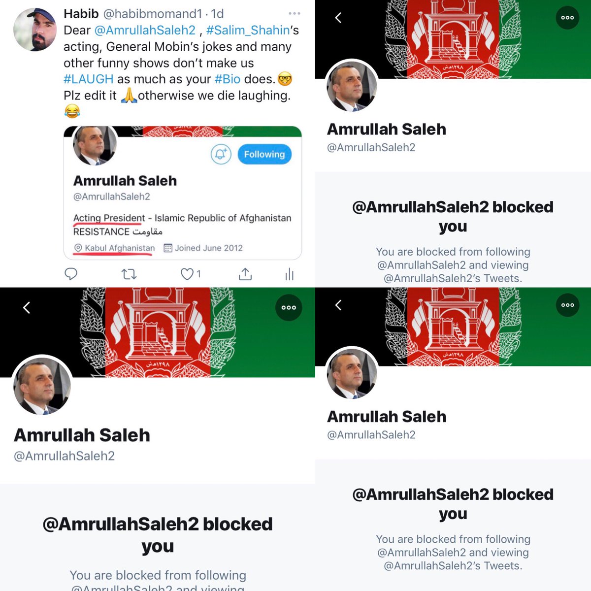 habibmomand1's tweet photo. This is how the self-proclaimed acting President 🤓of Afghanistan 🇦🇫 responded to my humble request. Thank you, acting President! 🙏
#Amrullah_Saleh
#ActingPresident 😜
#Afghanistan
#BlockOption
#freedomofspeech https://t.co/Oxpqvs9yFq