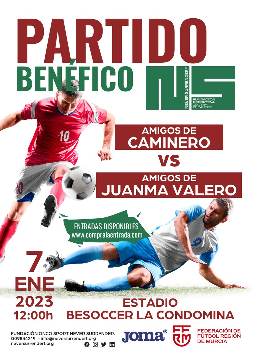 ⚽️ ¡Partido benéfico a favor de Never Surrender! Consigue tu entrada 👉 mtr.bio/fundacion-neve…

'Amigos de Caminero' vs ' Amigos de Juanma Valero'

Hora: 12:00
📍 Estadio Besoccer la Condomina de Murcia 
🎟 Entrada: 5€

💪🏻💚🏥🏋🏻‍♀️

#ConTodaTuFuerza #NeverSurrenderF