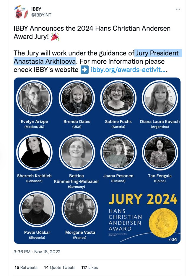 Hans Christian Andersen Award has its Jury President from Russia who is an high-ranked and active genocide supporter. This is really something special. Let me introduce you Anastasia Arkhipova, who run the Jury of HCAA - an important prize for illustrators of children's books.