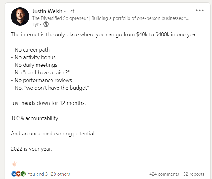 spontaneousbkpk's tweet photo. A year ago today.

@thejustinwelsh published a great post on LinkedIn.

Most people read it and did nothing.

But for us.

It changed our lives.

Here's what happened: https://t.co/A8EBnltqmm