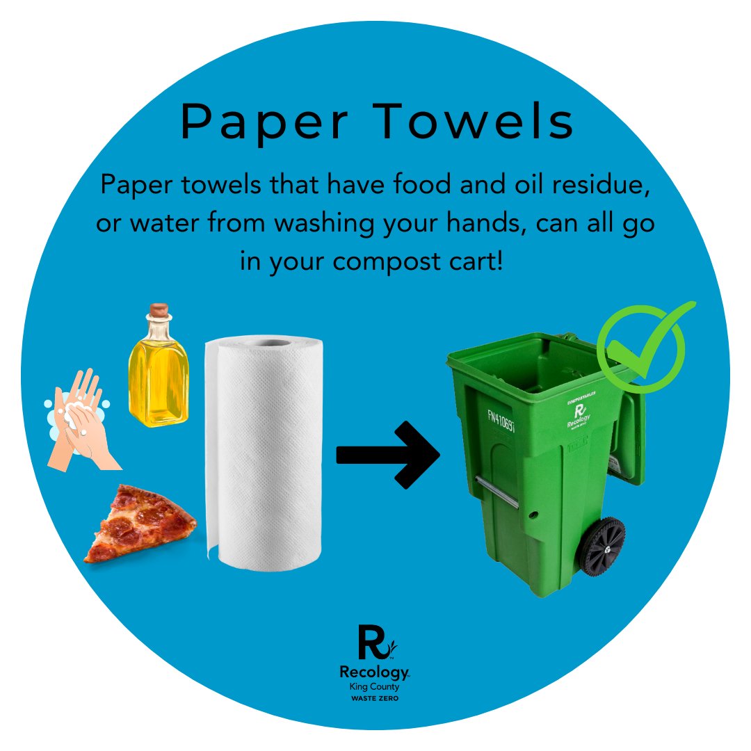 RecologyKC's tweet photo. Paper towels, regardless if they have food, oil residue, or water from washing your hands, should always go in your #compost bin! 🍕 

If you're using paper towels for cleaning with harmful chemicals, make sure those go in the garbage! 

#RecologyKC #WDIGW #PaperTowels https://t.co/9C2bFmy53L