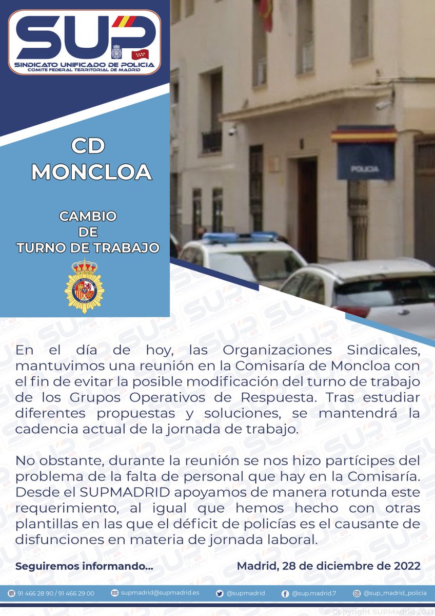 supmadrid's tweet photo. 🗓 Hoy las organizaciones sindicales hemos mantenido reunión en CD #Moncloa con el fin de evitar la modificación del turno del GOR, tras estudiarlo se mantendrá la cadencia actual
⭕ Coincidimos en que la causa de disfunciones en materia de jornada laboral es la falta de personal https://t.co/DBoikaRui6