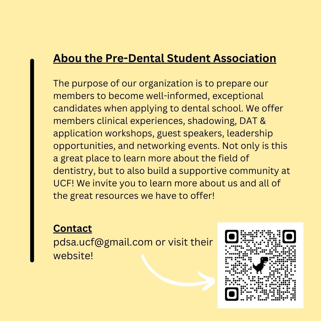 Calling all Pre-Dental Knights 🦷✨, have you heard of the Pre-Dental Student Association (PDSA) at UCF? Not yet? Check this out. Swipe to learn more!
