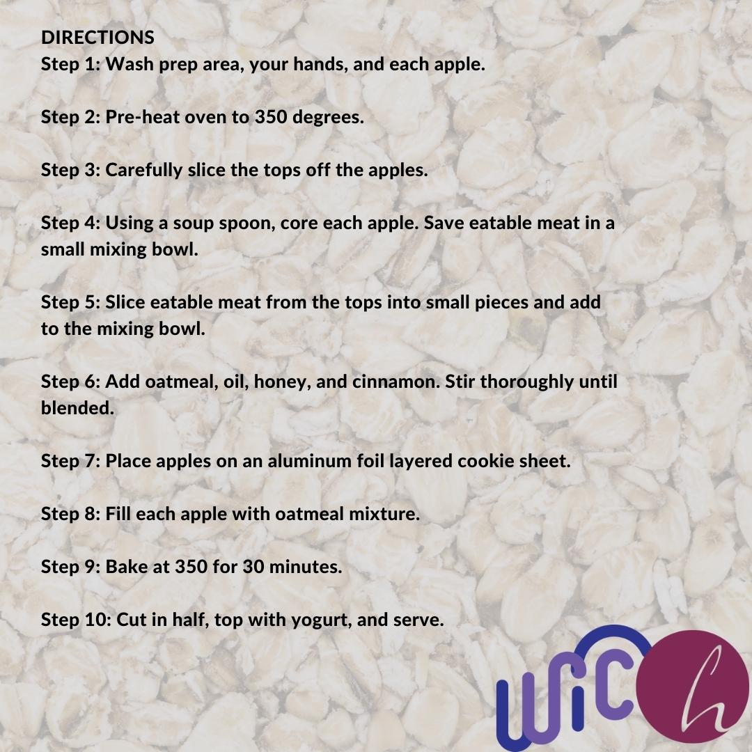 Warm up the family this week with Oatmeal Baked Apples! Great for an after-school snack or breakfast during the holidays! 

This recipe uses three ingredients available with the WIC program! 

This institution is an equal opportunity provider. 

#WIC #Momstrong #Healthfirst