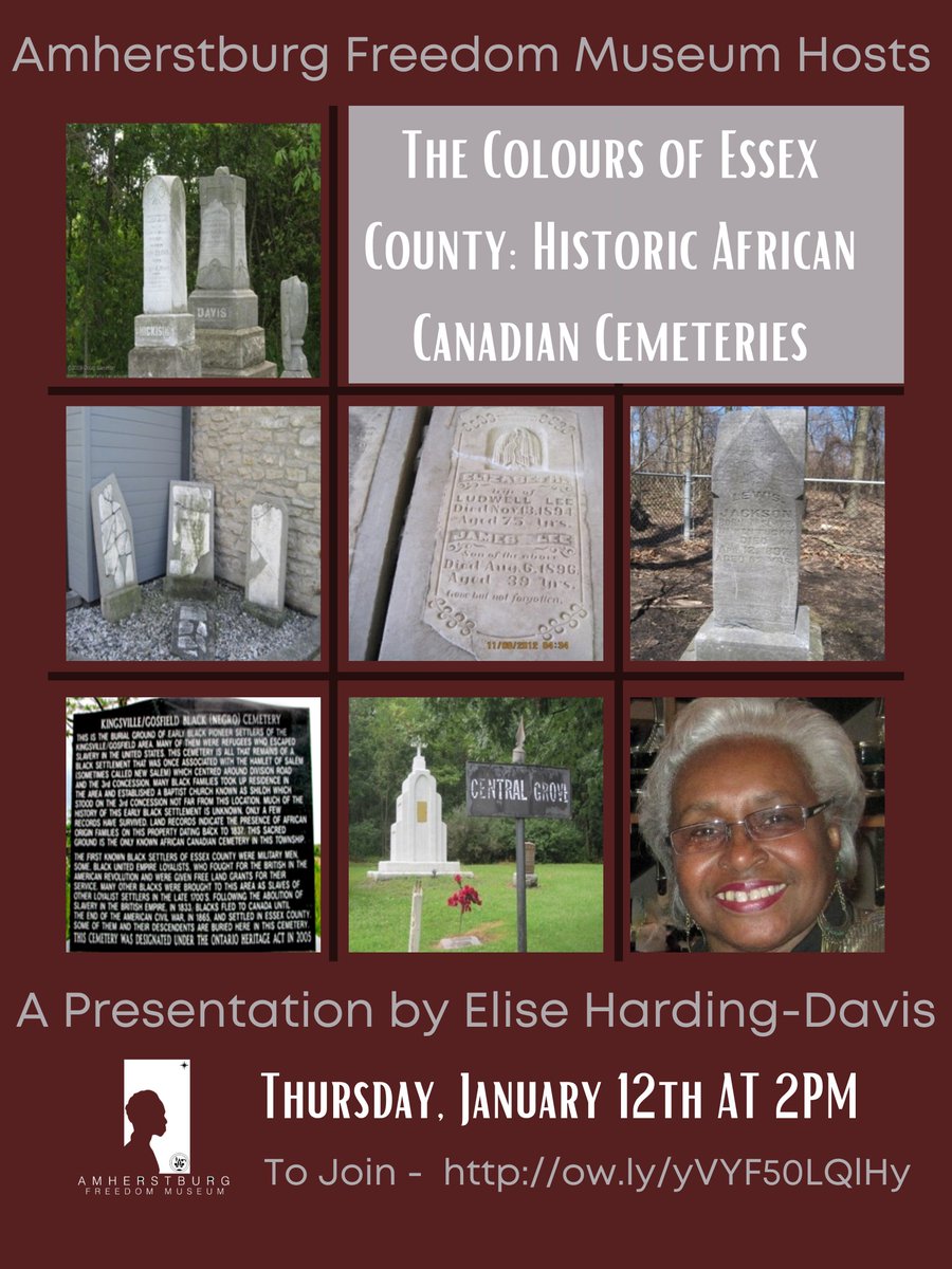 Aburgfreedom's tweet photo. Join us on Thursday, January 12th at 2pm as we welcome Order of Ontario recipient Elise Harding-Davis who will present "The Colours of Essex County: Historic African Canadian Cemeteries."
To join on January 12th, please go to https://t.co/tJTKwWynPG https://t.co/480TEDPLzB