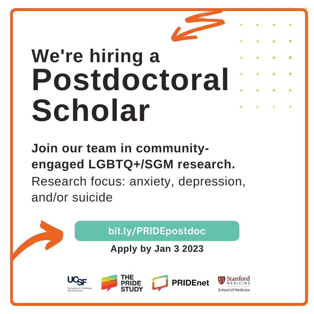 ThePRIDEStudy's tweet photo. We're hiring a postdoctoral scholar to work with The PRIDE Study and PRIDEnet. The research focuses on depression, anxiety, and suicide. Applications received by January 3, 2023 will be given full consideration. Info: https://t.co/awqtYu8PCw
#lgbtq #research #academicresearch https://t.co/X4E9cKiXUR