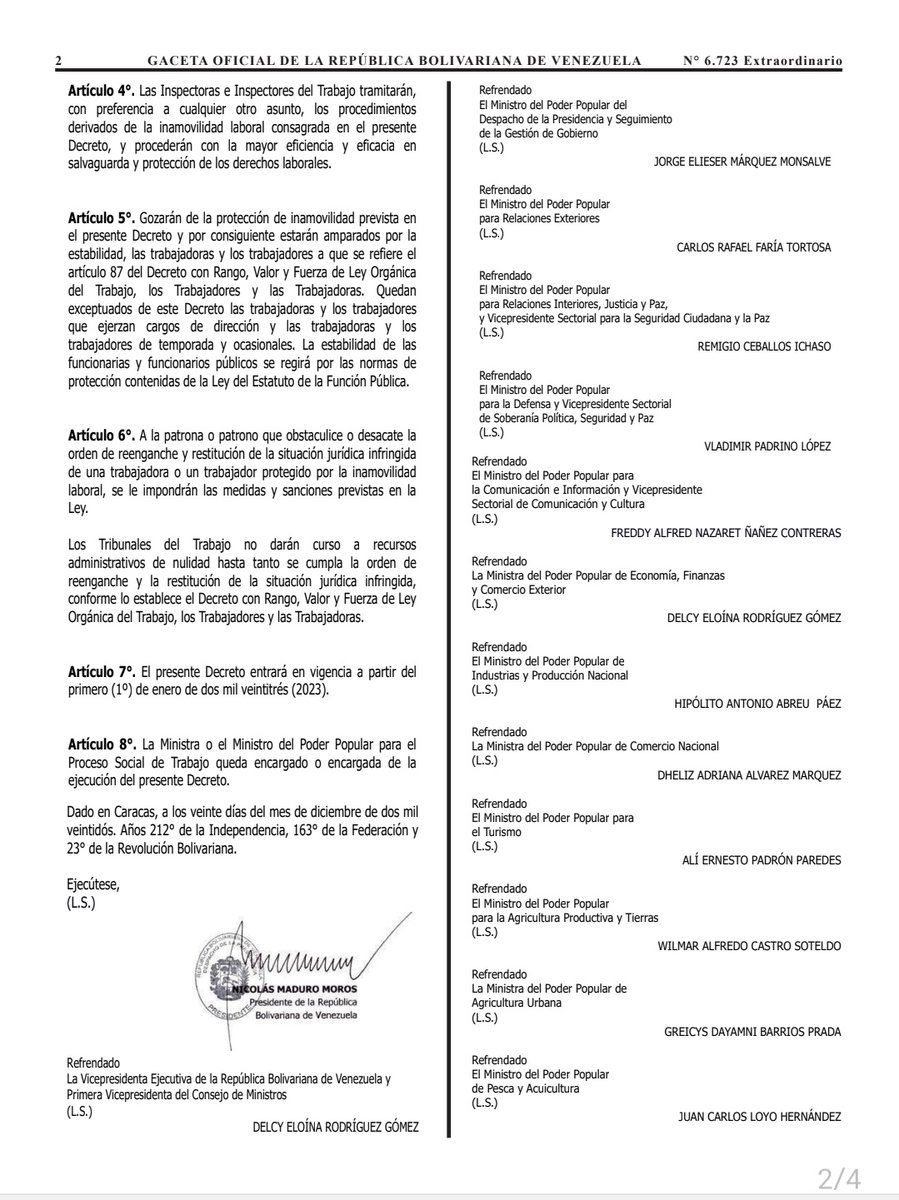 torrealbaf's tweet photo. Continuando con la política de protección de los derechos de l@s trabajador@s nuestro Querido Trabajador Presidente y Comandante en Jefe @NicolasMaduro ordenó prorrogar la inamovilidad laboral hasta el 31-12-2024.
Aquí les dejo la Gaceta Oficial con el Decreto.
#VenezuelaPróspera https://t.co/1DgFip5bcN