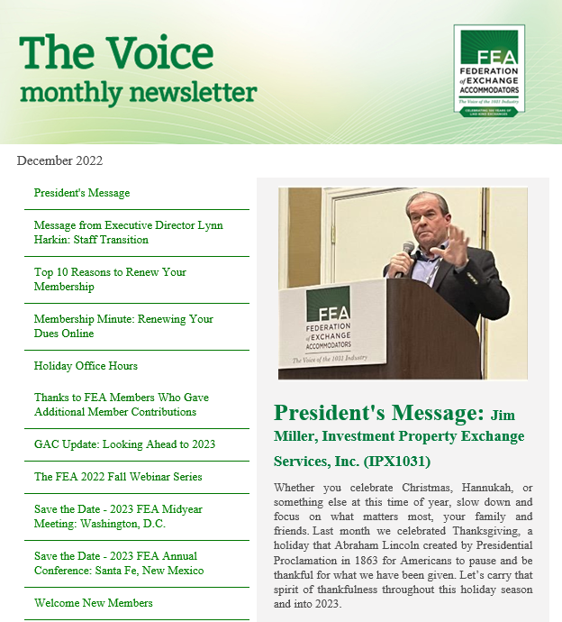 Have you read the December 2022 edition of The Voice?  In this issue, the GAC looks ahead to 2023; the Affiliate Spotlight highlights two of our affiliate member companies  &amp; much more! Check out how to become a member: 1031.org #likekindexchanges