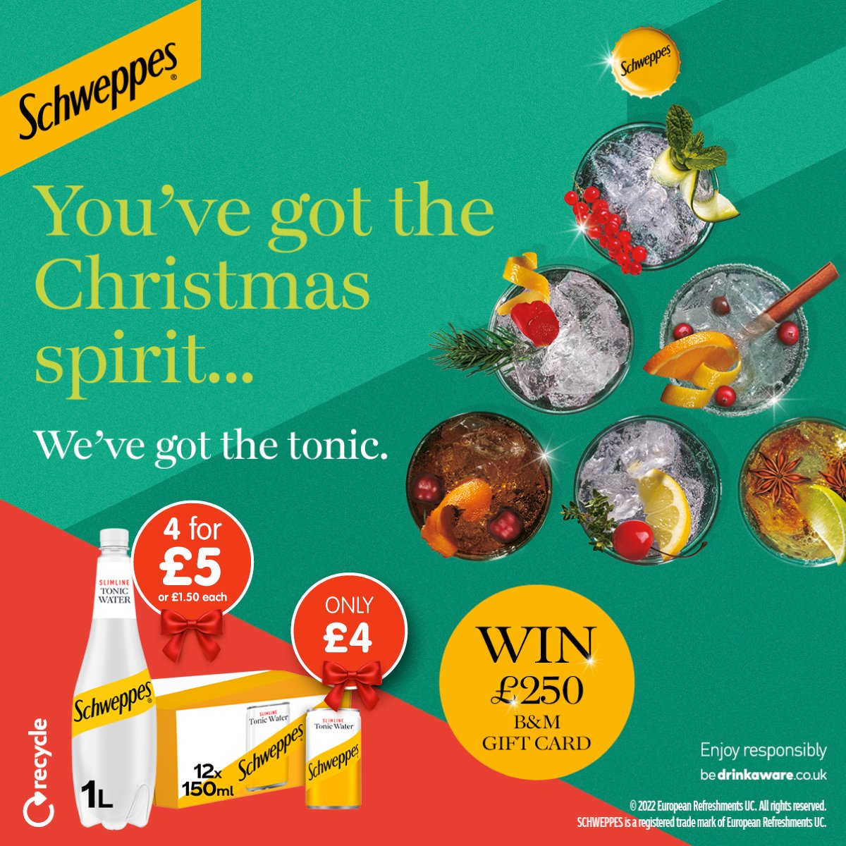 🍾 #COMPETITION TIME  - ENDS SOON 🍾

We've got the #Christmas spirit - and so do <a href="/SchweppesGB/">Schweppes</a> at just £4 for a 12pk or 4 for £5 of 1L Tonics!

For a chance to #WIN a £250 B&amp;M Gift Card, simply;

1) FOLLOW US
2) RT
3) COMMENT #BMSchweppes!

Competition ends 9am 31/12/22