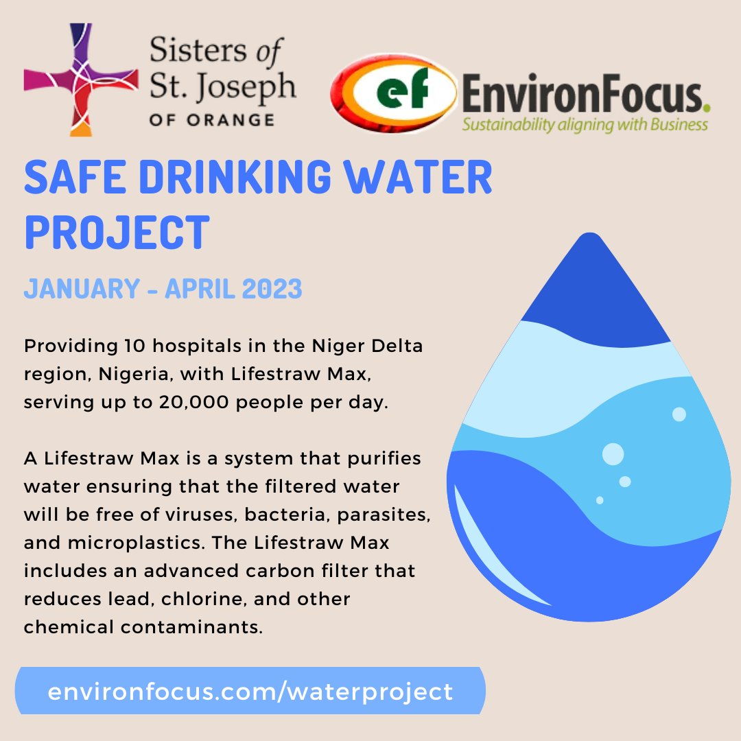 EnvironFocus's tweet photo. EnvironFocus is pleased to announce the grant awarded to us by the Sisters of St. Joseph of Orange.
This grant will support our Safe Drinking Water Project (SDWP) in the Niger Delta region, assisting 10 hospitals. Visit our website to learn more.
#SafeDrinkingWaterProject #SDWP https://t.co/Q4W65IpNX4