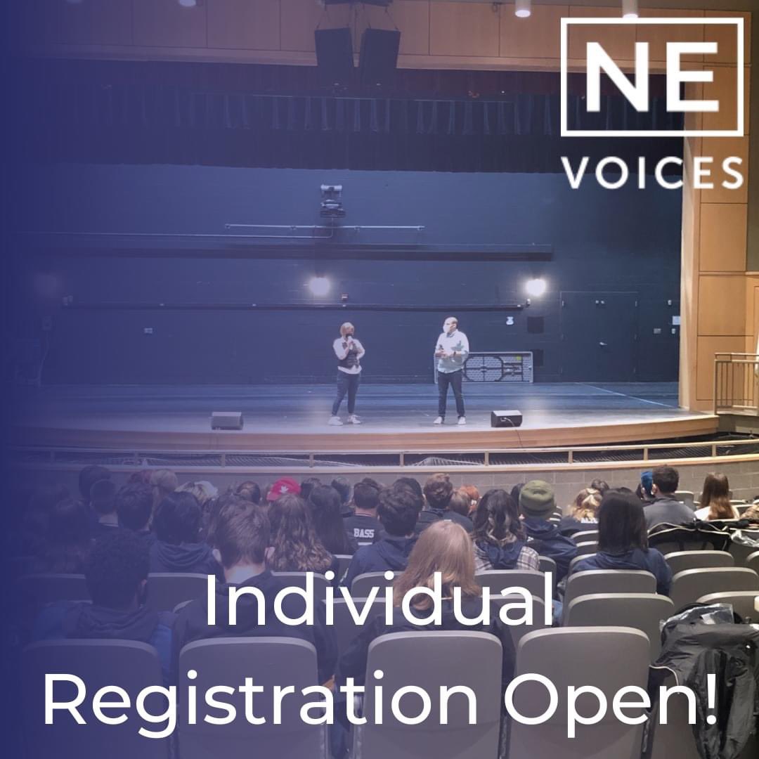 Not part of a group, but still interested in attending #nevoices2023? If you're a K-12 student or educator, or NE Voices alumni, you can sign up for an individual pass. Individual slots are limited, so head to ne-voices.com/individual-reg… to register today!