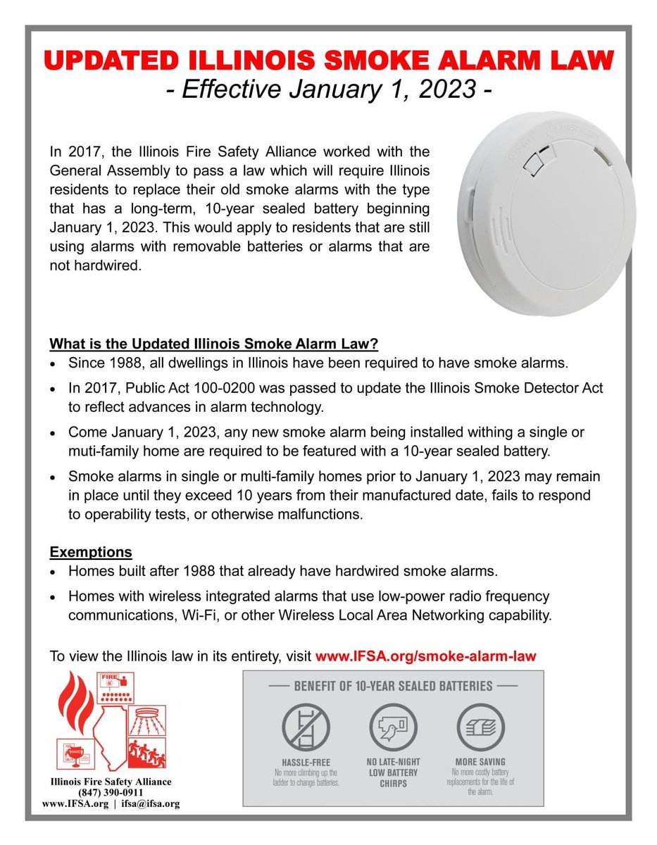 🚨Reminder🚨 A change to the Smoke Alarm Law takes effect in just a few days on January 1st, 2023 in Illinois. Learn more about this change and what it means to you and your family's safety.