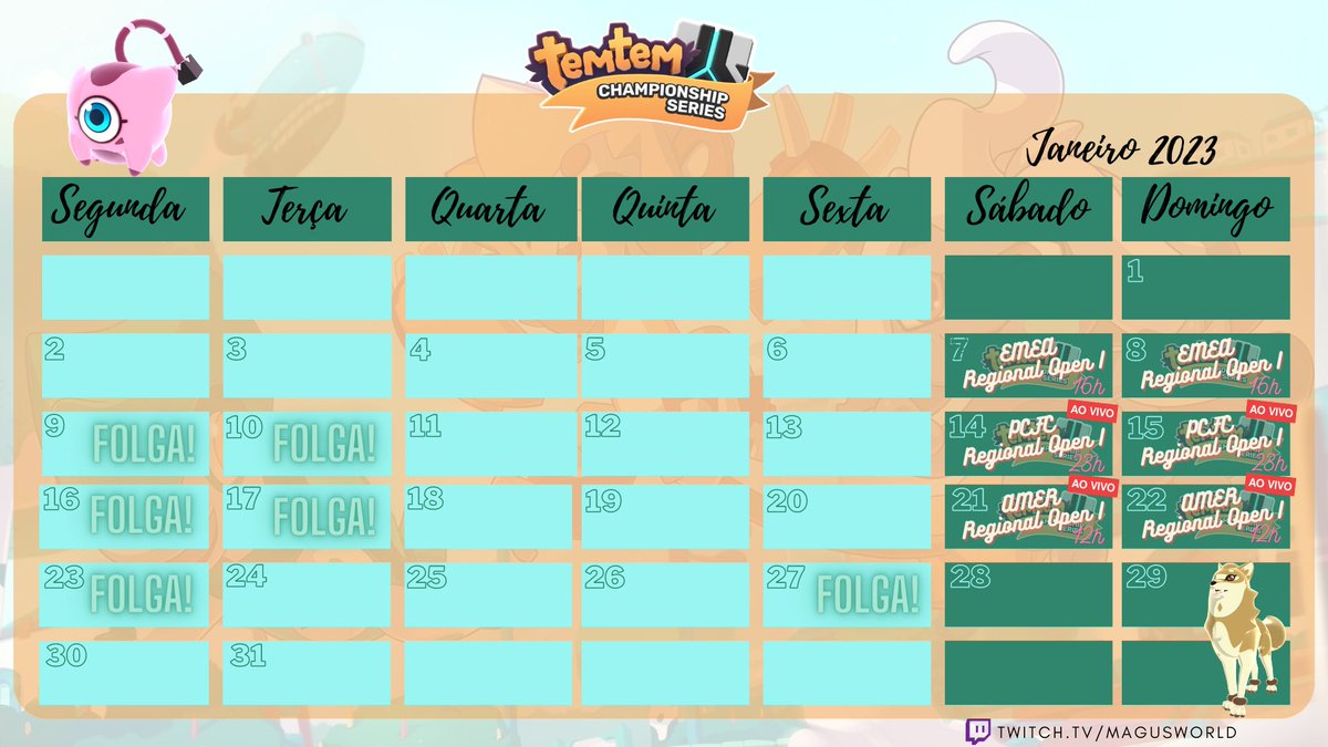 MagusWorld's tweet photo. A Crema esse ano de 2023 lançou o primeiro campeonato oficial de Temtem (@PlayTemtem). E nós iremos transmitir todos ao vivo ou em com imagens recuperadas lá na twitch. Aí a baixo está o nosso calendário de Janeiro para vocês marcarem na agenda.
Espero todos vocês lá!
#temtembr https://t.co/wumZogm0NA