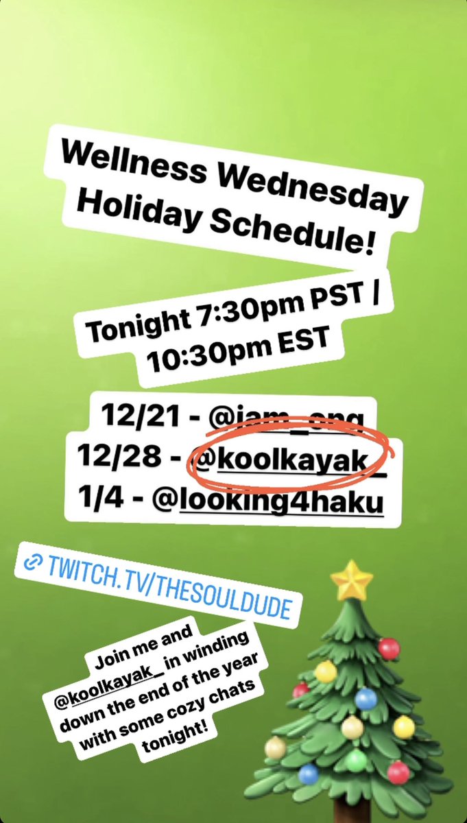 TheSoulDude's tweet photo. Join @koolkayak_ and I tonight for some cozy chats as we wind down the year and talk about mental wellness!
https://t.co/KBfdXovnyp https://t.co/zfFqJwLvJA