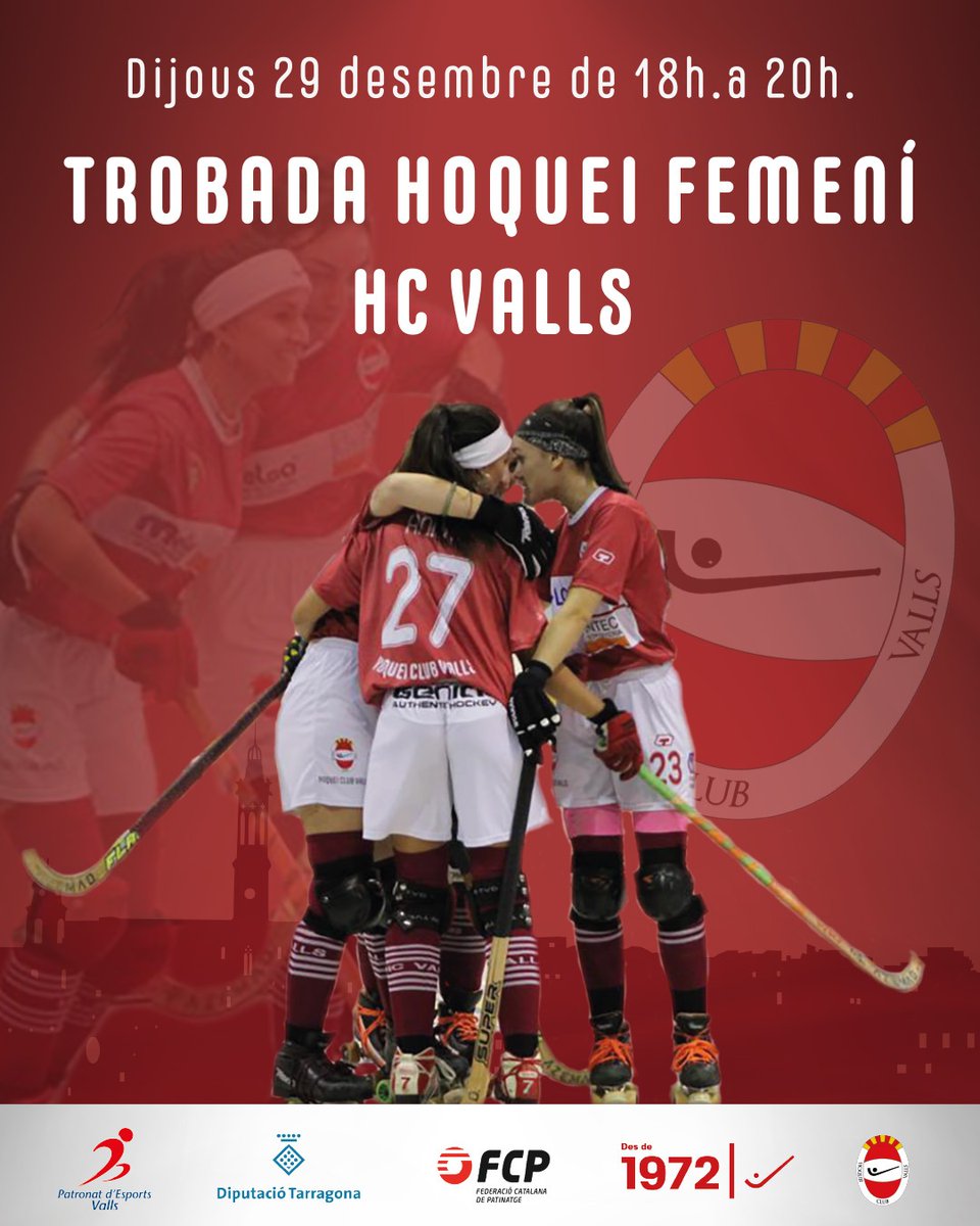 HoqueiValls's tweet image. 🏑 Trobada d’Hoquei Femení Valls🏑
📆 dijous 29/12
🕰 De 18:00 a 20:00
🥅 Hoquei femení @FCPatinatge 
🥅 Amistosos: #Fem11, #Fem15, #sèniors
🟣La Força de la il·lusió🟣
@HoqueiValls 
@Dipta_cat  
@esportcat
@VisitaValls
@patronatdesport