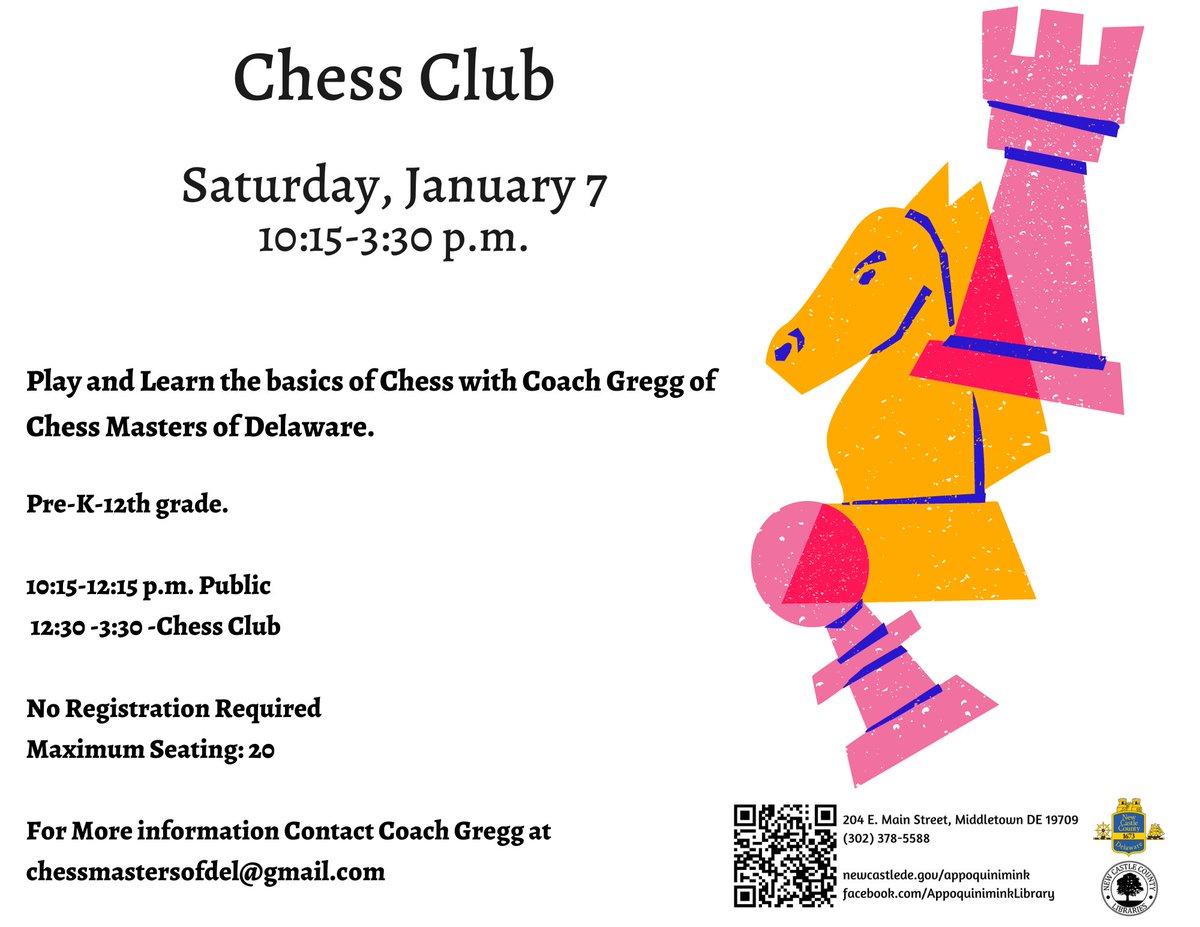 AppoLibrary's tweet image. This morning, from 10:15am - 3:30pm EST, Play and learn the basics of Chess with Coach Greg of Chess Masters of Delaware!
This program is intended for participants in pre-kindergarten through 12th grade. No registration is required!
#DelawareLibraries #NewCastleCounty