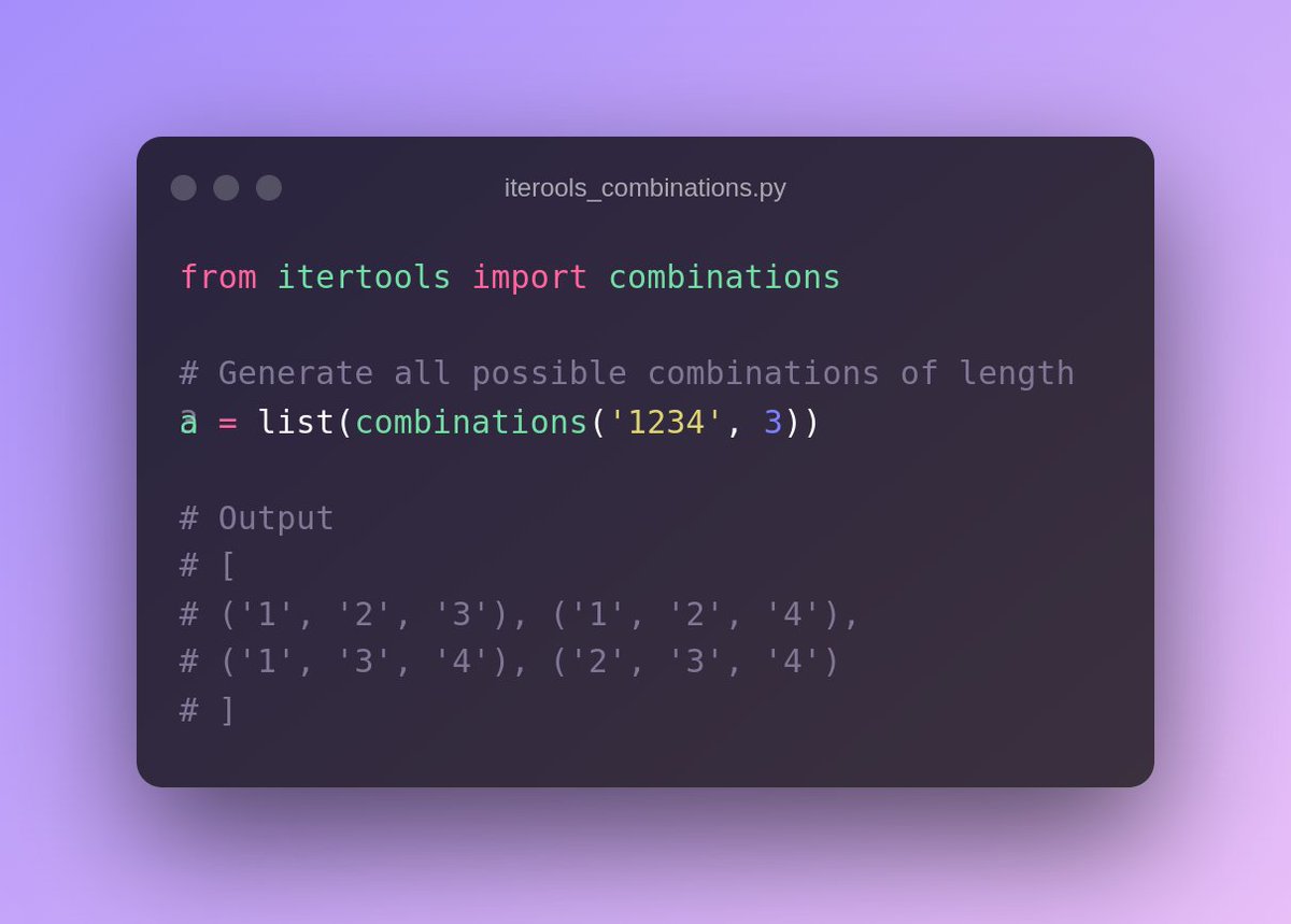 PythonRoadmap's tweet image. 🐍 Have you used Python's itertools module ? The combinations function makes it so easy to generate all possible combinations of a given list. So cool!
#python #programming #coding