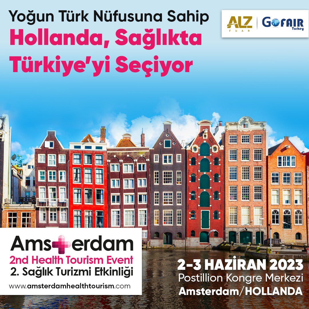 Türkiye’nin önde gelen hastaneleri, klinikleri, sağlık turizmi acenteleri, termal tesisleri Hollanda’nın başkenti Amsterdam’da 2-3 Haziran 2023 tarihlerinde ikinci kez düzenleyeceğimiz “2. Amsterdam Sağlık Turizmi Etkinliği’ne katılıyor.