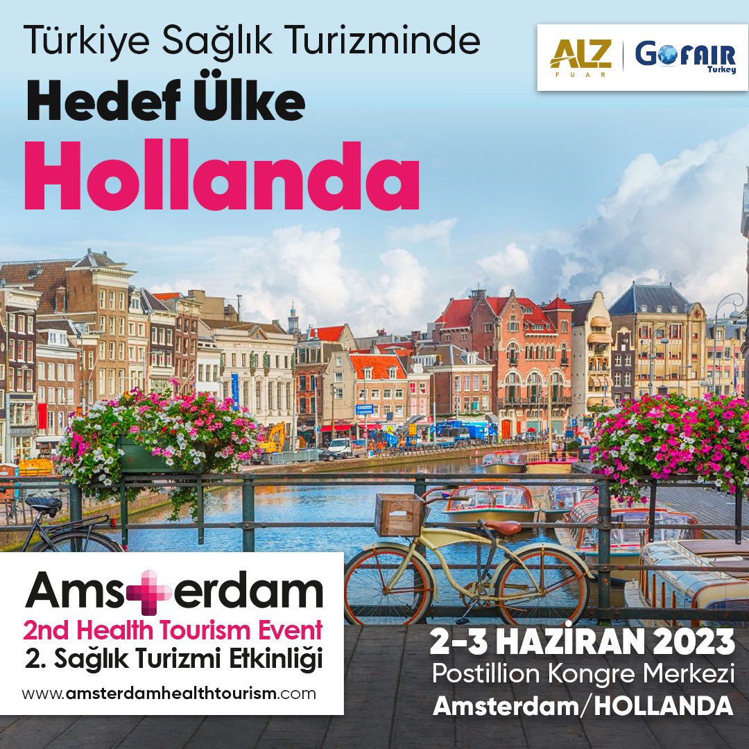 Türkiye’nin önde gelen hastaneleri, klinikleri, sağlık turizmi acenteleri, termal tesisleri Hollanda’nın başkenti Amsterdam’da 2-3 Haziran 2023 tarihlerinde ikinci kez düzenleyeceğimiz “2. Amsterdam Sağlık Turizmi Etkinliği’ne katılıyor.