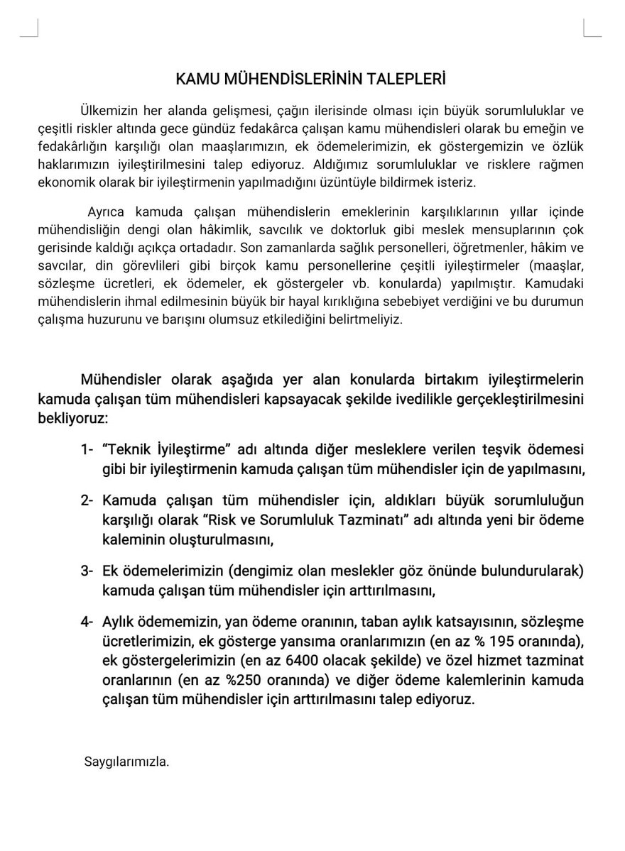 kaMUhendisleri's tweet photo. İsteklerimiz çok değil 1 sayfaya sığıyor. Eminiz ki tüm milletvekillerimiz konuya destek verecektir. https://t.co/FghtkyLUkQ