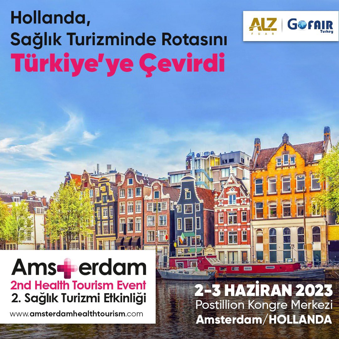 Türkiye’nin önde gelen hastaneleri, klinikleri, sağlık turizmi acenteleri, termal tesisleri Hollanda’nın başkenti Amsterdam’da 2-3 Haziran 2023 tarihlerinde ikinci kez düzenleyeceğimiz “2. Amsterdam Sağlık Turizmi Etkinliği’ne katılıyor.
