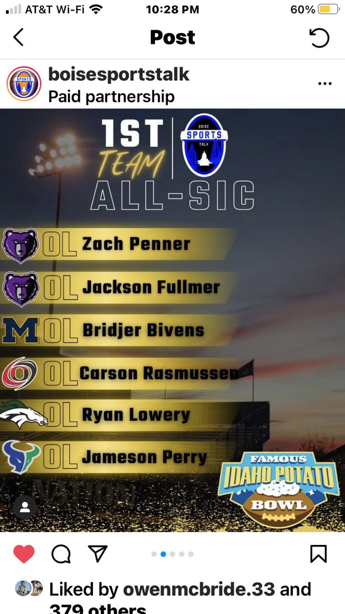 Honored to be named 
1st TEAM ALL SIC 
by <a href="/boisesportstalk/">Boise Sports Talk</a> media sponsored by the Famous Idaho Potato bowl!
<a href="/media_ebc/">EBC Media</a> 
<a href="/IDPotatoBowl/">FamousID Potato Bowl</a> 
@CoachCMacMVHS 
<a href="/CoachBComptonMV/">Brian Compton</a>