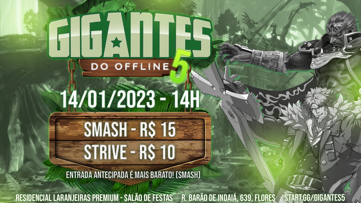 Muito boa tarde! Feliz Natal!

Esta é a data do nosso próximo evento. Agora contaremos com valor de inscrição antecipada para o smash e amplificadores de headphone no setup principal. Freeplay liberado! Aguardamos vcs :)

start.gg/gigantes5

❤️+🔄 Pra ajudar a divulgar 🤝