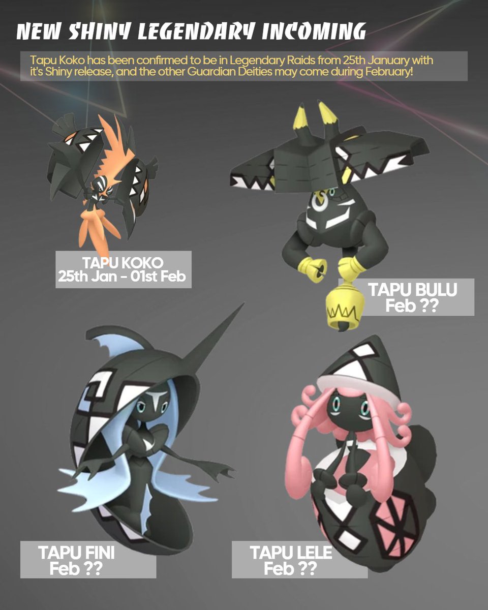 PoGOCentral on X: ✨ Potential Shiny Legendary incoming ✨ Shiny Tapu Koko  has been confirmed for the end of January, could we see the other Shiny  Tapu's debut in February? ✨  /