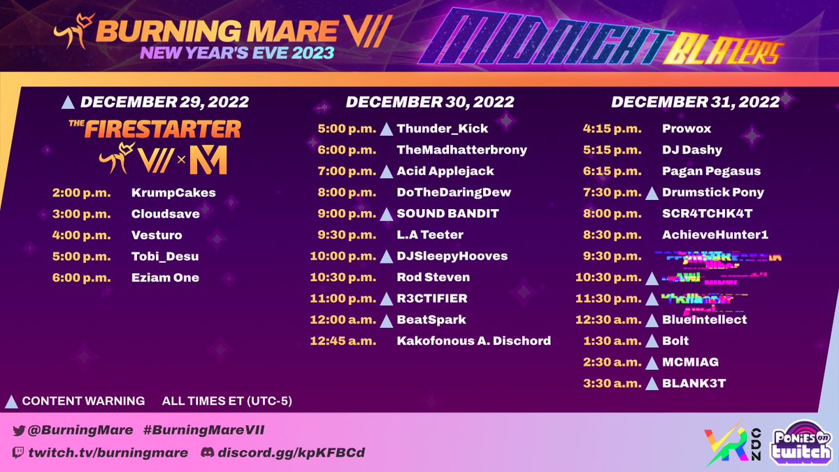 BurningMare's tweet photo. The biggest New Year's pony music event is even bigger! 

#BurningMareVII begins with The Firestarter feat. @MyriadVR on December 29, followed by the main event, Midnight Blazers, on December 30 and 31!

We'll see you there! #VRChat https://t.co/8H0d9ucsgu