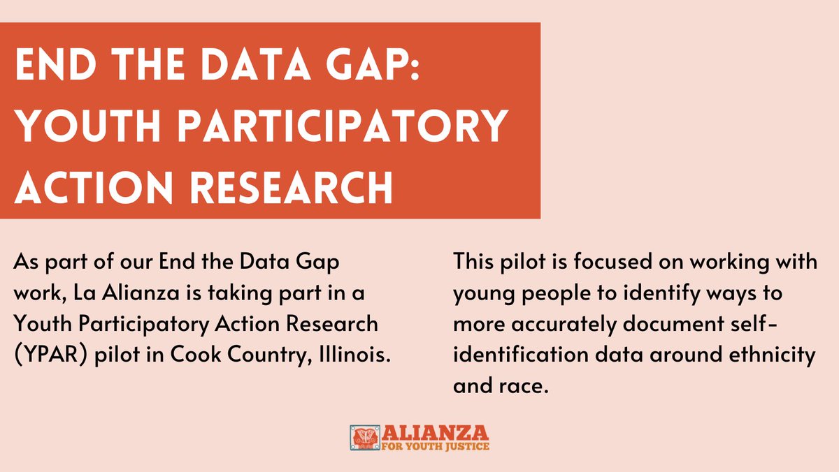 Alianza4All's tweet photo. An update on our End the Data Gap work! La Alianza is taking part in a Youth Participatory Action Research (YPAR) pilot in Cook Country, Illinois.

Read more about it 🧵 #YouthJustice #EndMassIncarceration #NoKidsinCages https://t.co/Uxc56JgY2I