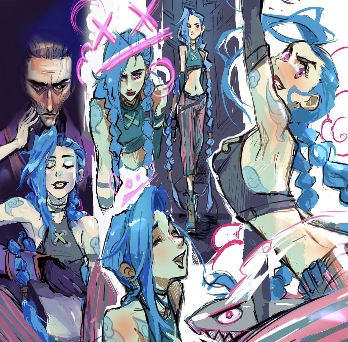 TanyaLehoux's tweet photo. A random page of Arcane sketches to end the year! It’s actually one of my favourite digital sketch pages I’ve done. 💙 #Jinx #LeagueOfLegendsFanArt #riotgames https://t.co/o9clvJYsFv