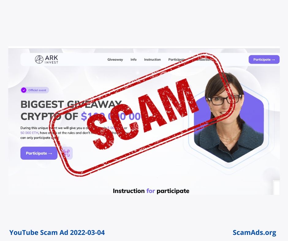 ScammingAds's tweet photo. This "Biggest Giveaway Crypto..." #cathywoods @arkinvest is a #youtube #scamad These should be reported to @scamwatch_gov @ASA_UK@FTC @FBI
#fakeads https://t.co/J78fb9Vdfd